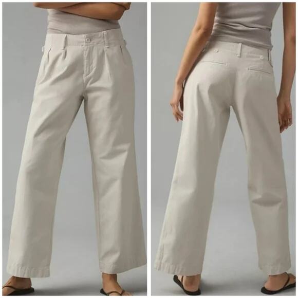 Anthropologie Maeve Pants Womens 14 Pleated Chino Wide Leg Trouser Khaki Tan 30" - Picture 1 of 11